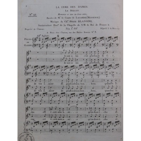 BLANGINI Félix Le Billet Chant Piano ou Harpe ca1820