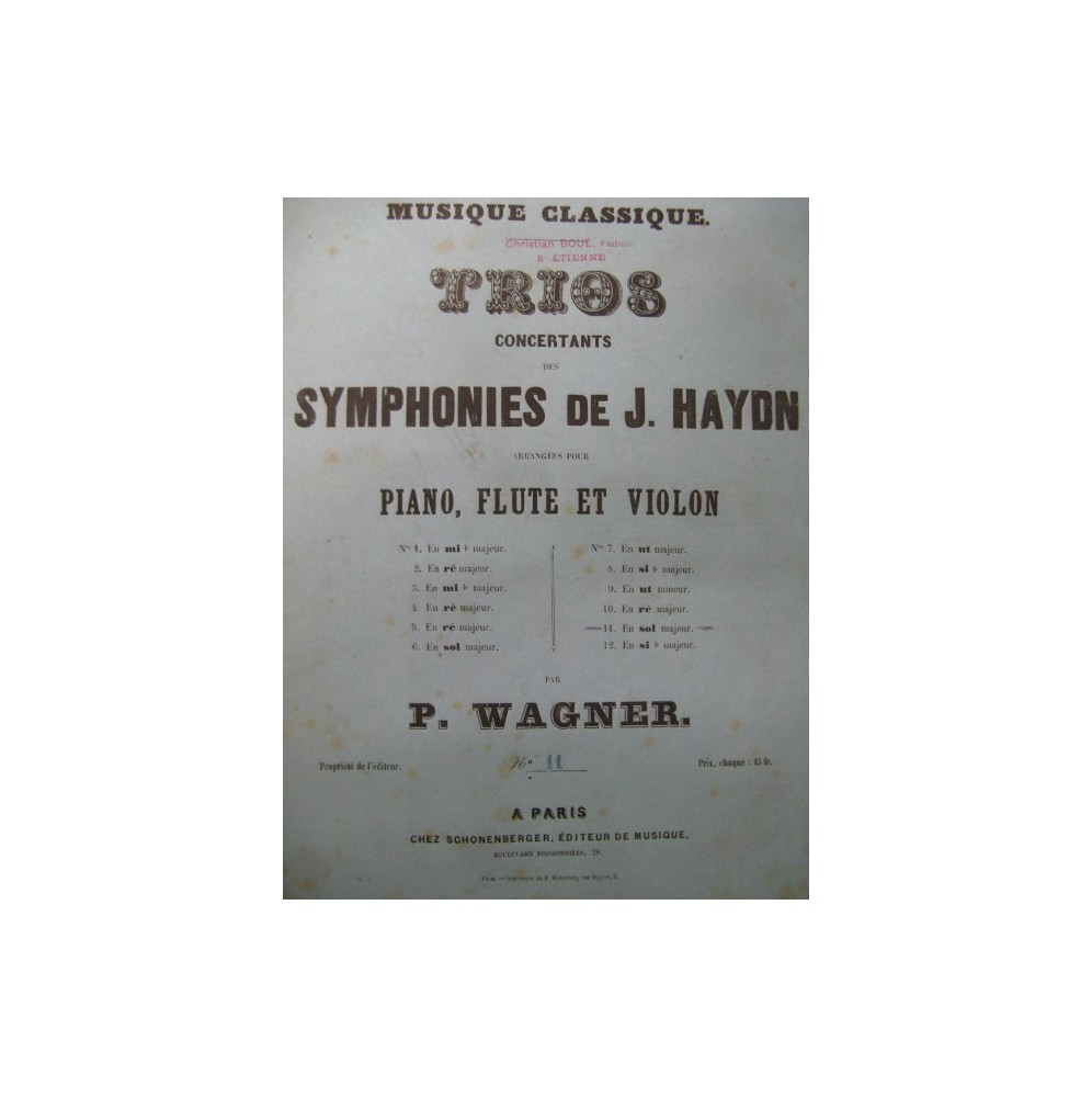 HAYDN Joseph Symphonie Sol Flute Violon Piano ca1870