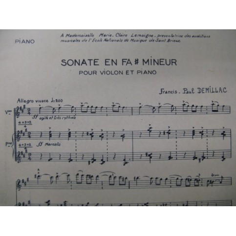 DEMILLAC Francis-Paul Sonate Violon Piano 1955