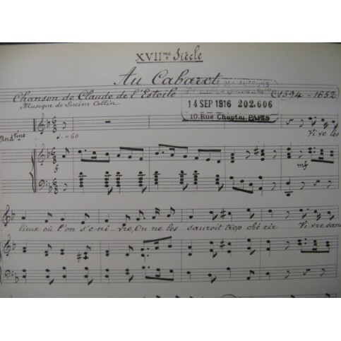 COLLIN Lucien Au Cabaret Chant Piano 1916