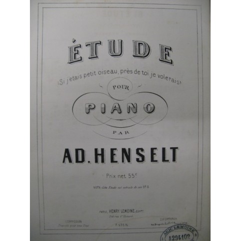 HENSELT Adolphe Etude No 6 Piano ca1860