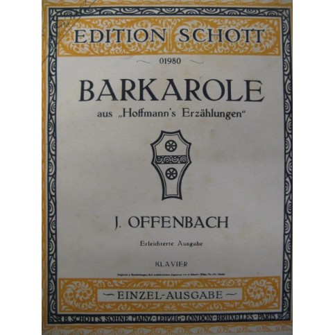 OFFENBACH Jacques Barkarole Piano ca1890