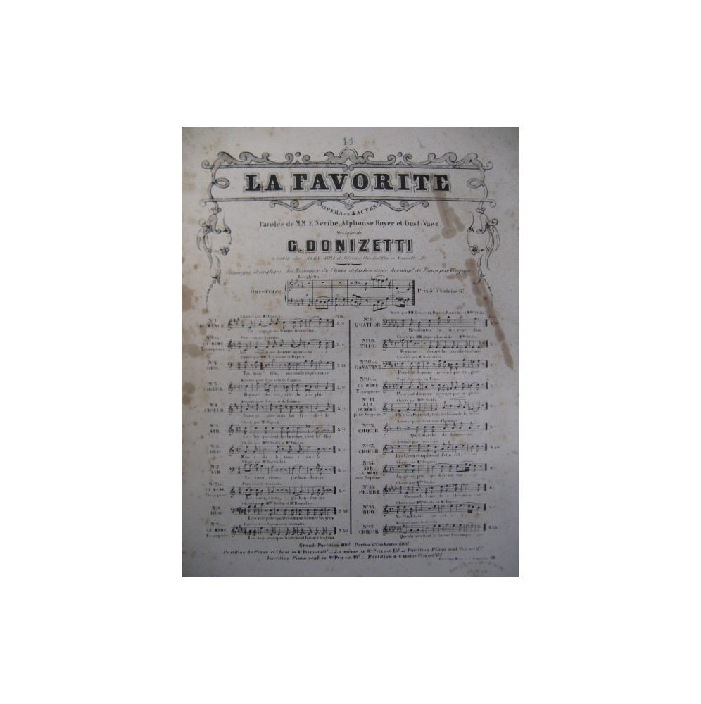 DONIZETTI G. La Favorite No 11 Chant Piano 1857