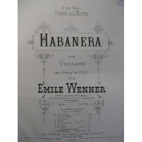 WENNER Emile Habanera Violon Piano 1888
