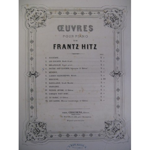 HITZ Franz Prière des Cloches Piano ca1870