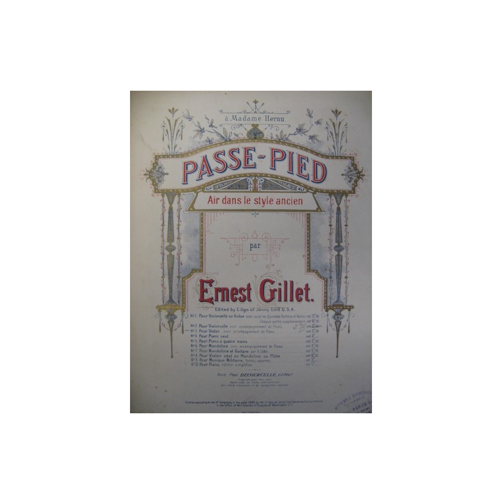 GILLET Ernest Passe-Pied Violon Piano 1890