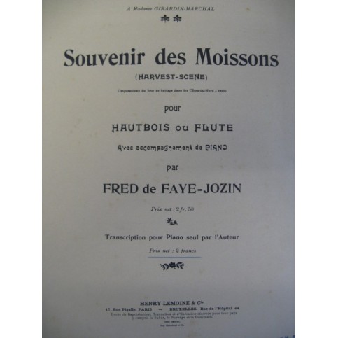 DE FAYE-JOZIN Fréd. Souvenir des Moissons Piano