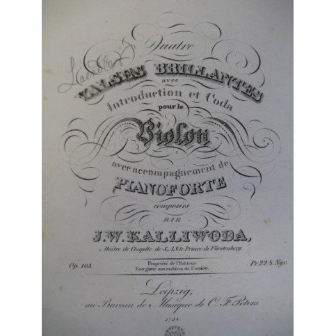 KALLIWODA J. W. 4 Valses Violon Piano 1840