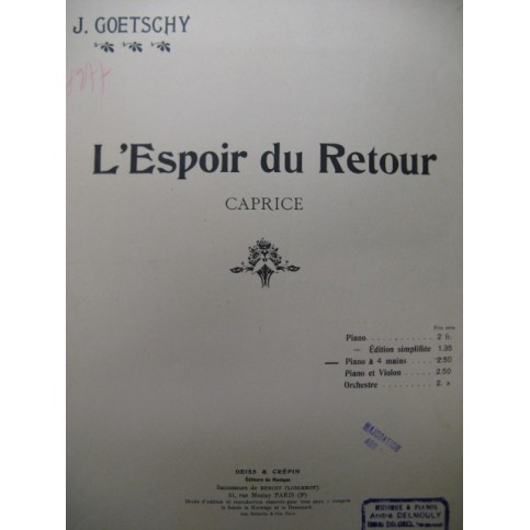 GOETSCHY J. L'Espoir du Retour Piano 4 mains