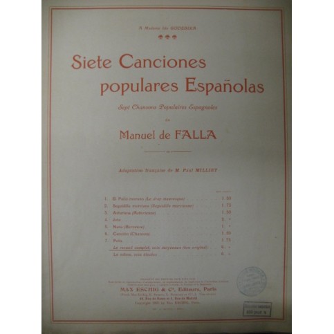 DE FALLA Manuel Siete Canciones Chant Piano 1922