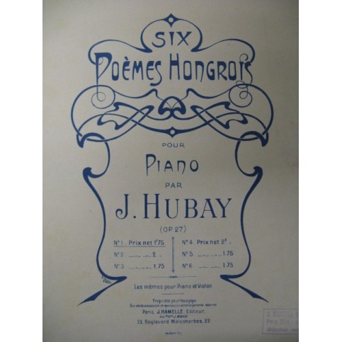 HUBAY Jeno Poème Hongrois Piano 1925