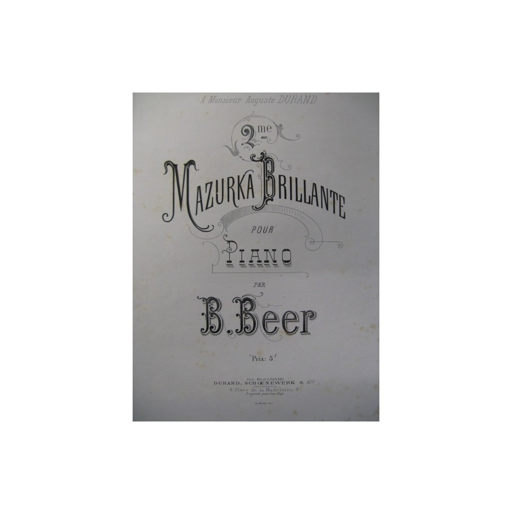 BEER B. 2e Mazurka Brillante Piano 1874