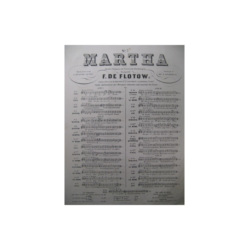 DE FLOTOW Martha No 7 bis Chant Piano ca1860