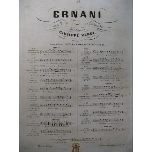 VERDI G. Ernani No 11 Chant Piano XIXe
