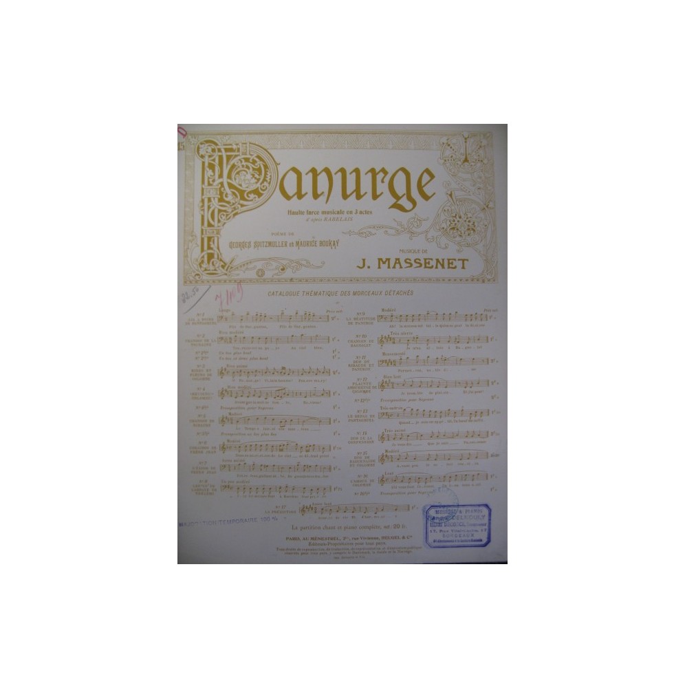 MASSENET Jules Panurge No 15 Chant Piano 1912