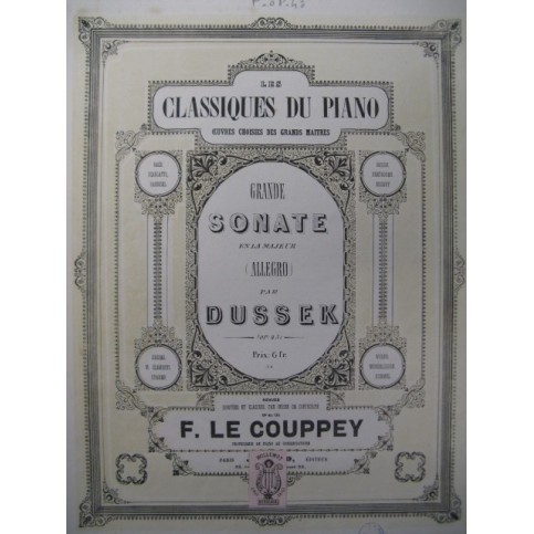 DUSSEK J. L. Sonate op 43 Piano 1860