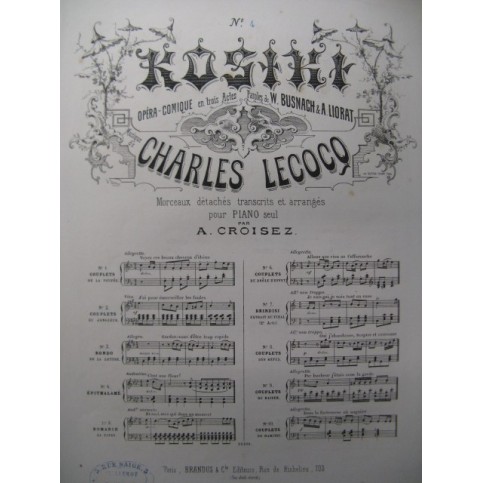 LECOCQ Charles Kosiki No 4 Epithalame Piano 1876