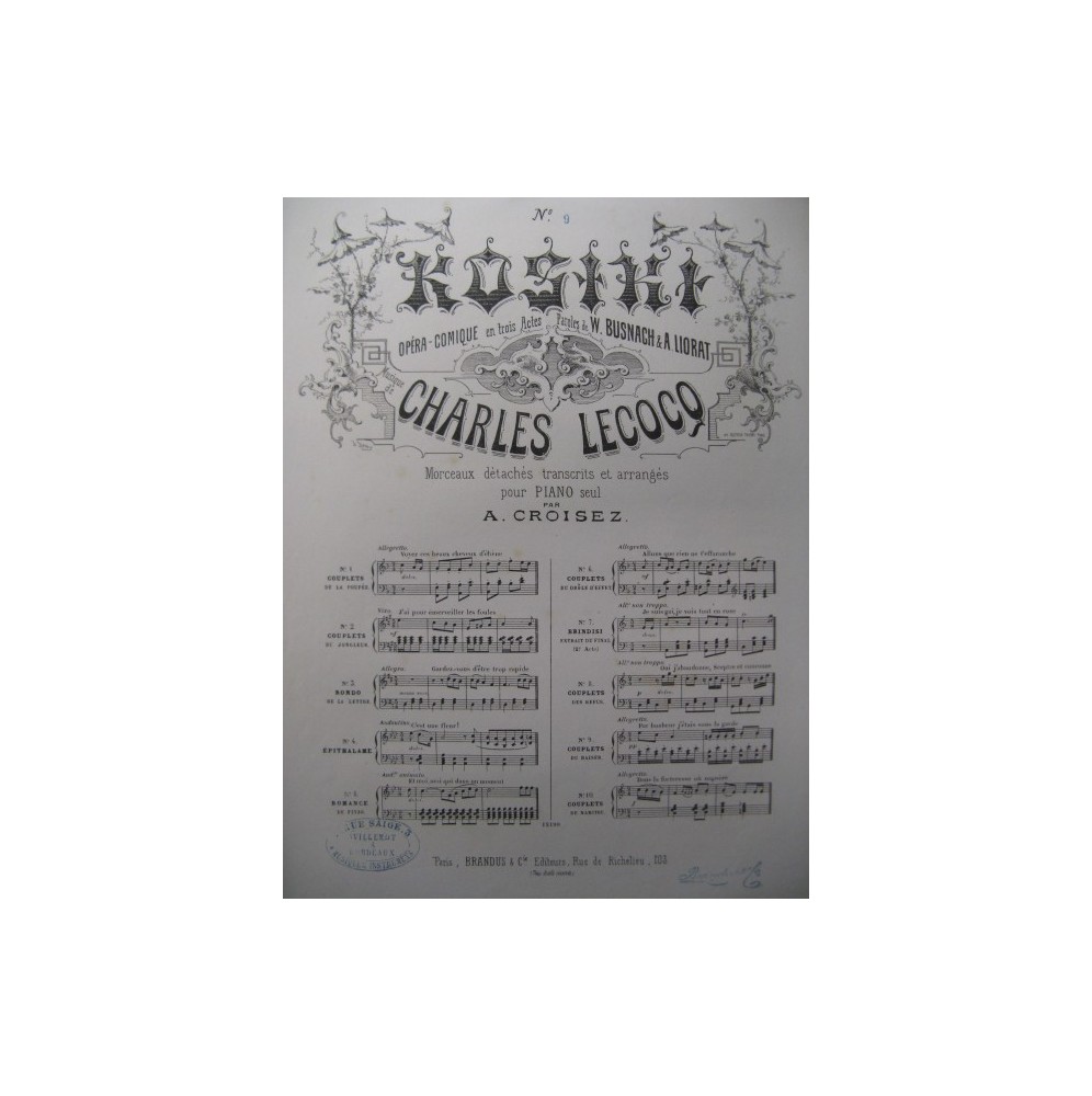 LECOCQ Charles Kosiki No 9 Baiser Piano 1876