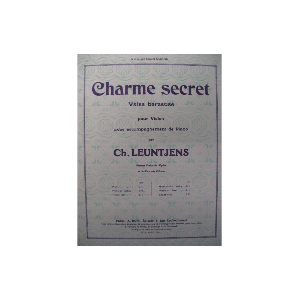 LEUNTJENS Ch. Charme secret Violon Piano 1921