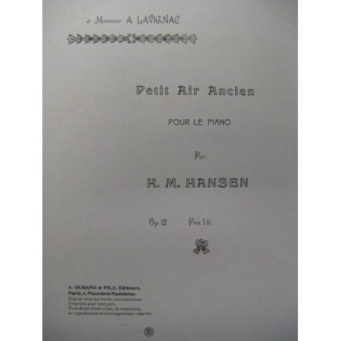 HANSEN H. M. Petit Air Ancien Piano 1897