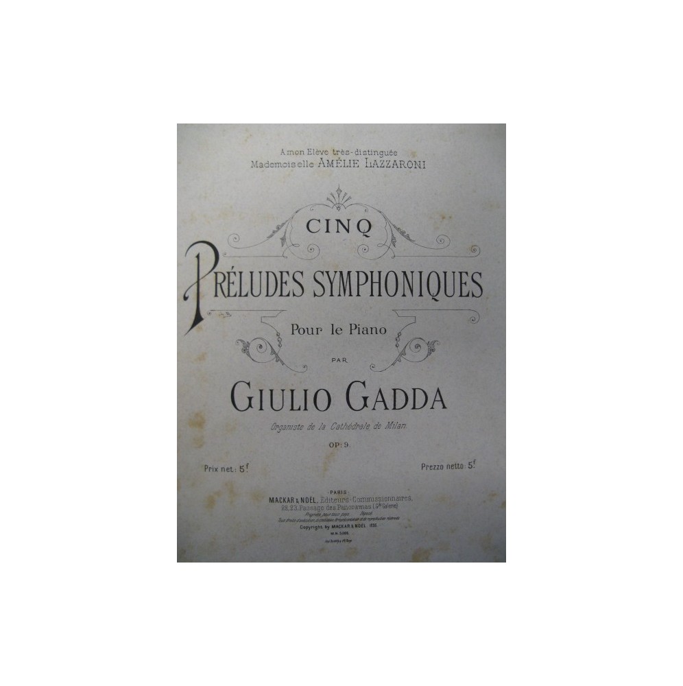 GADDA Giulio 5 Préludes Symphoniques Piano 1895
