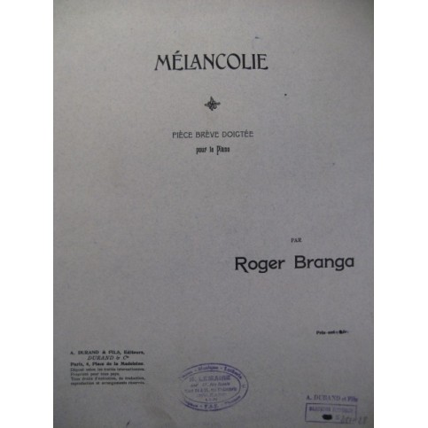 BRANGA Roger Mélancolie Piano 1922