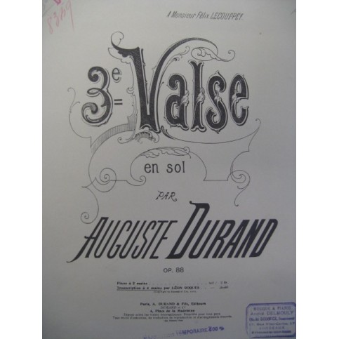 DURAND Auguste Valse No 3 Piano 4 mains 1910