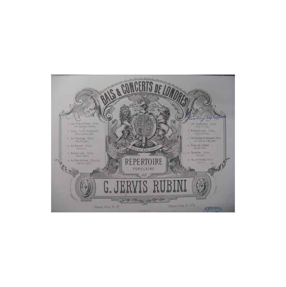 JERVIS RUBINI G. Les Filles d'Albion Piano 1883