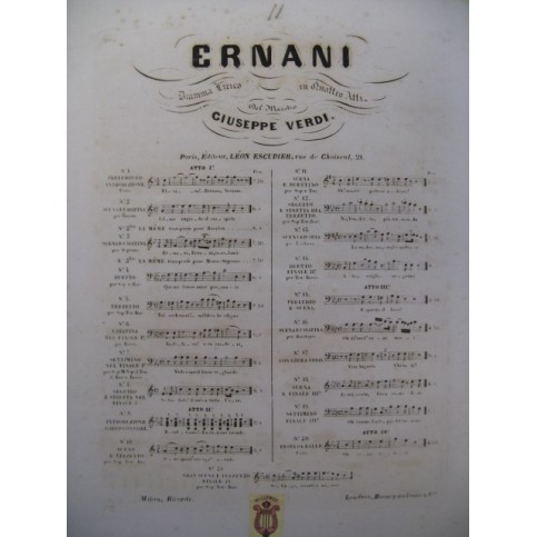 VERDI Giuseppe Ernani No 11 Duettino Chant Piano XIXe