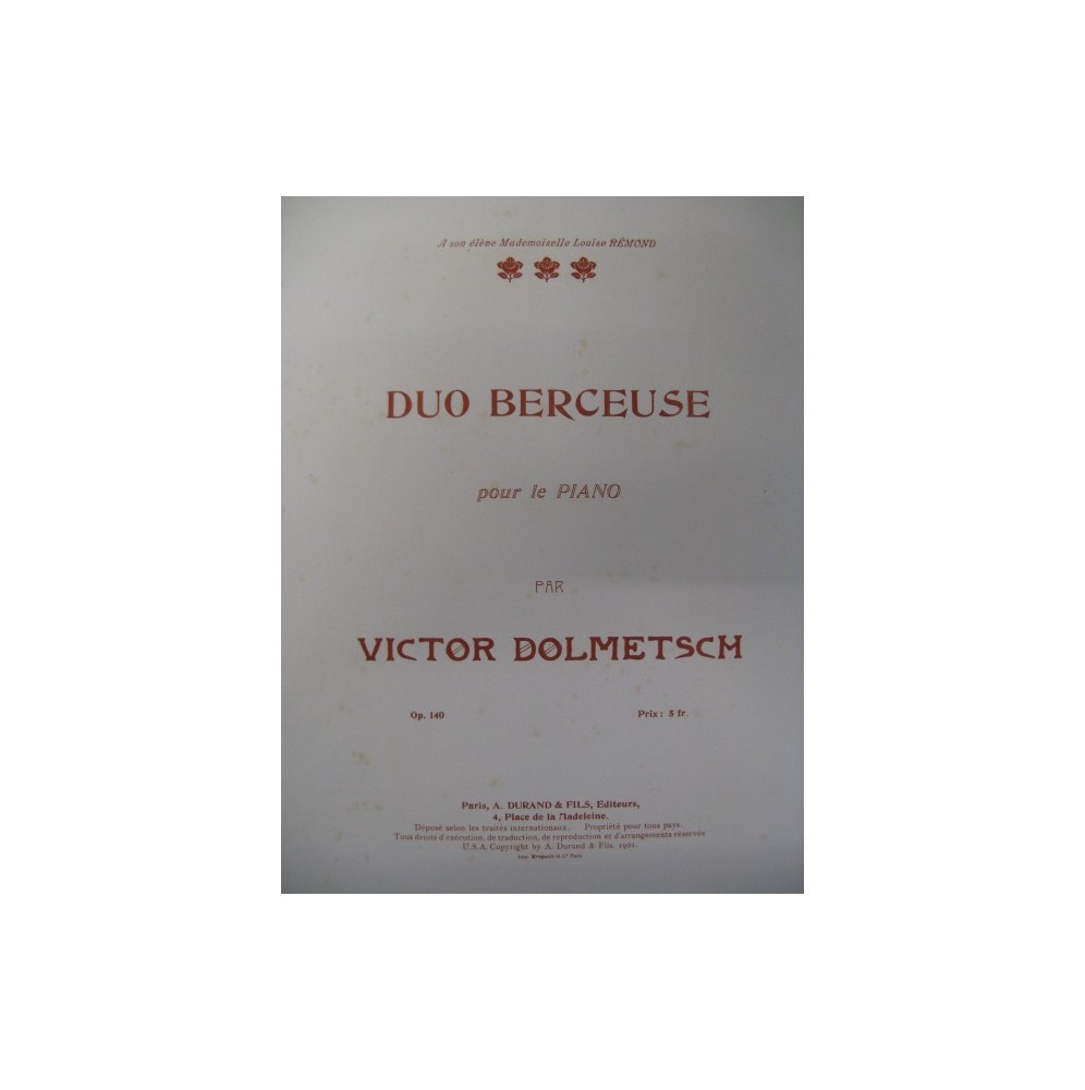 DOLMETSCH Victor Duo Berceuse Piano 1901