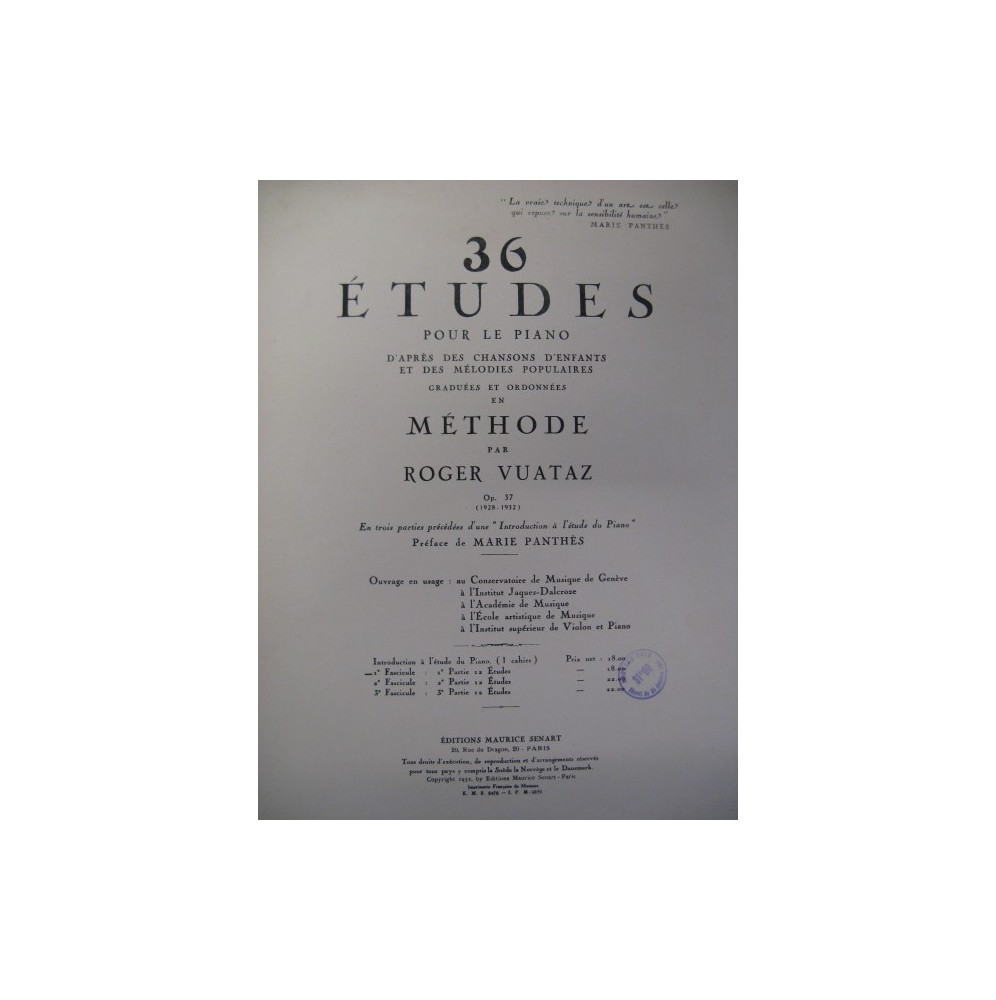VUATAZ Roger 36 Etudes vol 1 Piano 1932