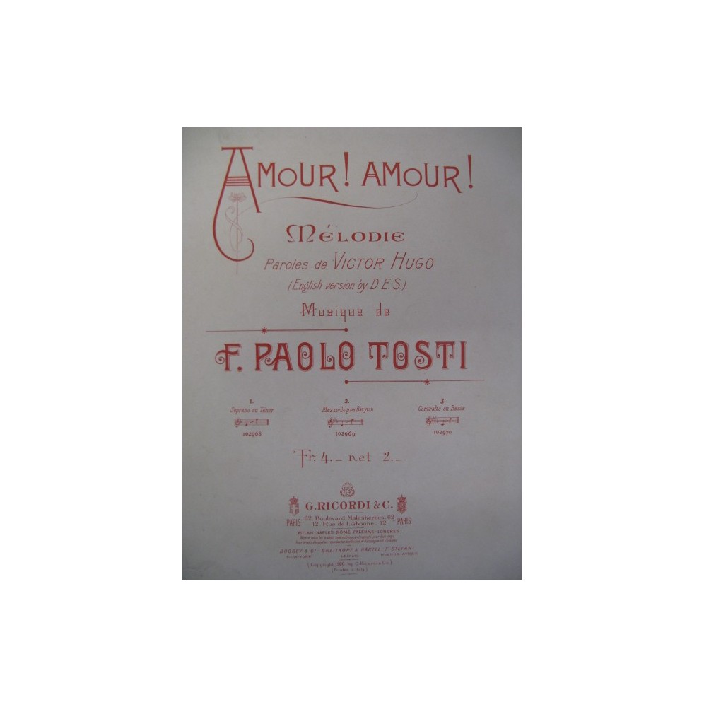 TOSTI Paolo Amour ! Amour ! Chant Piano 1900