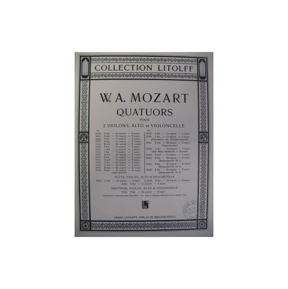 MOZART W. A. Quatuor No 3 F dur Violon Alto Violoncelle