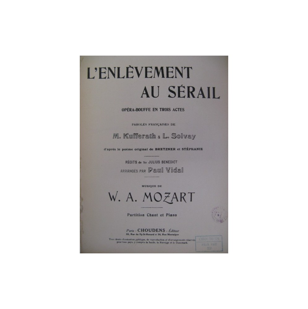 MOZART W. A. L'Enlèvement au Sérail Chant Piano