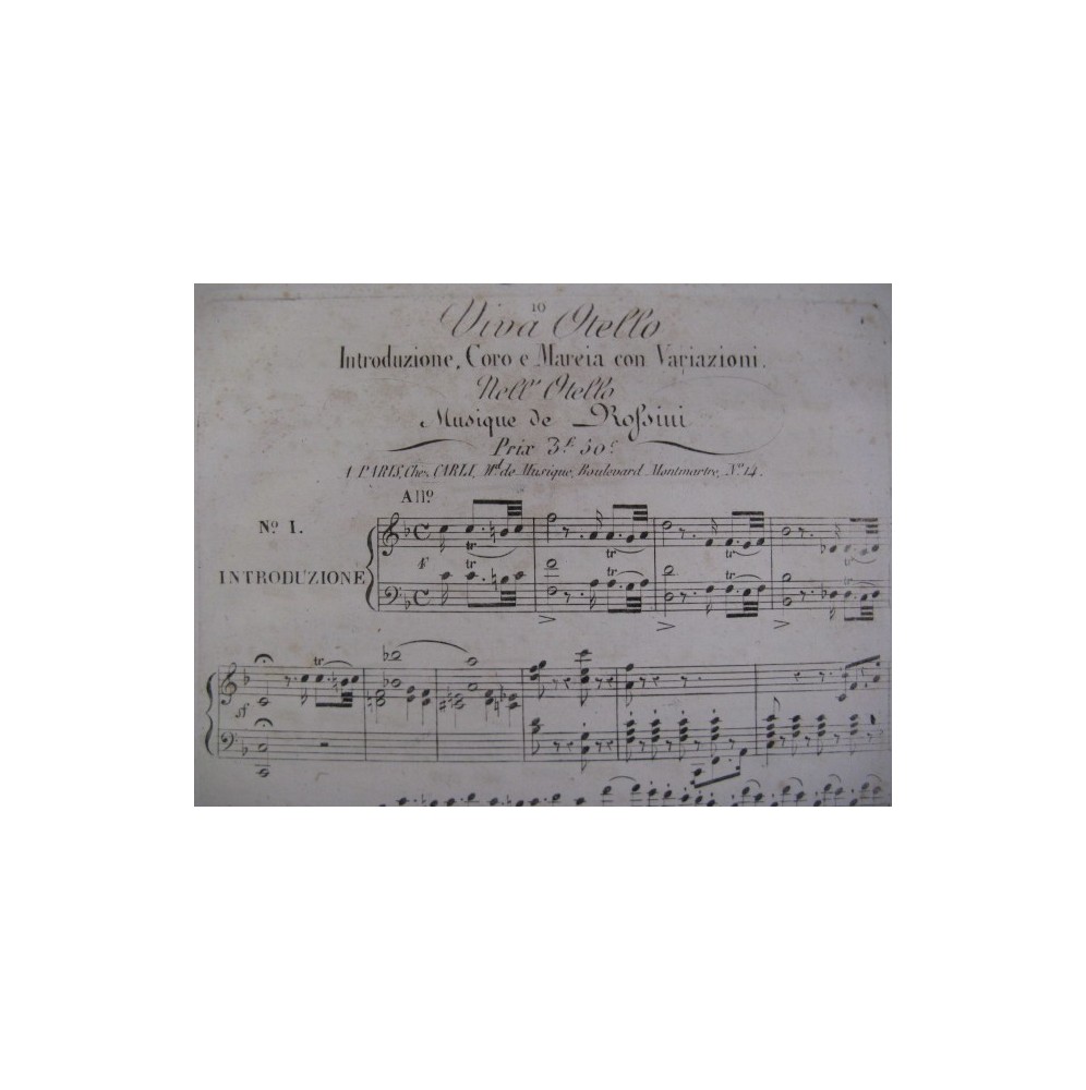 ROSSINI G. Viva Otello Introduzione Chant Piano ca1820