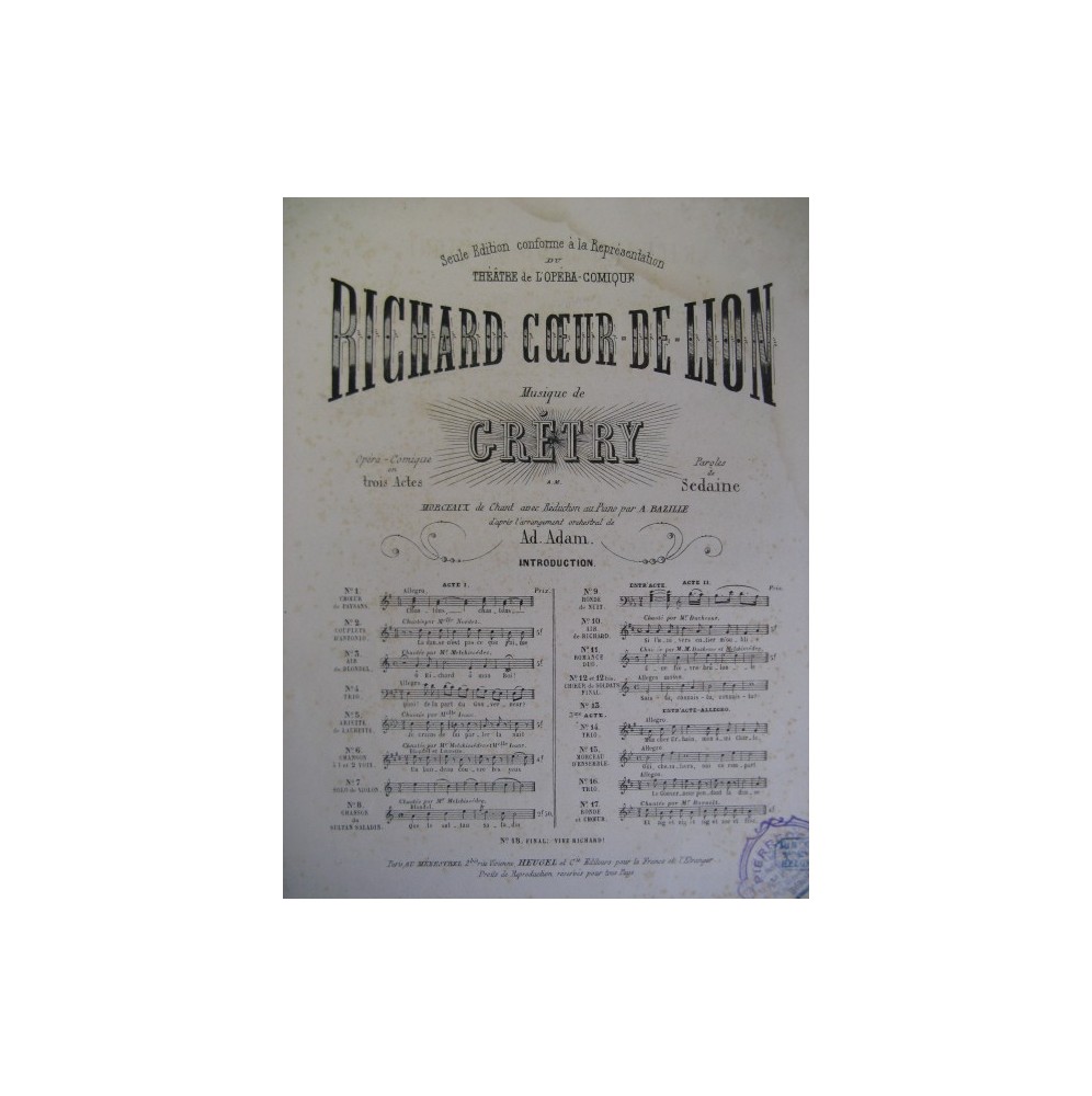 GRÉTRY Richard Coeur de Lion No 6 Chanson Piano Chant 1865﻿