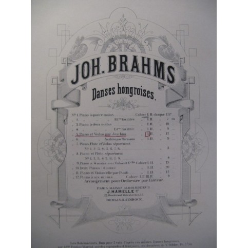 BRAHMS Johannes Danses Hongroises I Violon Piano 1883
