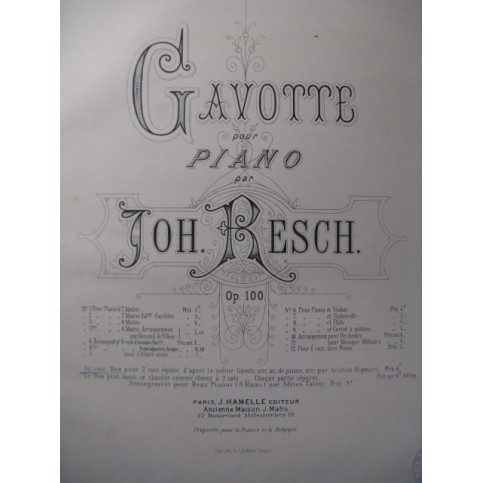 RESCH Joh. Au Soir Gavotte Chant Piano 1880﻿