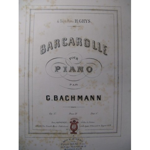 BACHMANN Georges Barcarolle Piano 1870