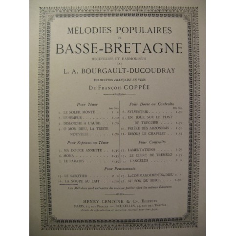 BOURGAULT-DUCOUDRAY La Soupe au Lait Chant Piano 1893