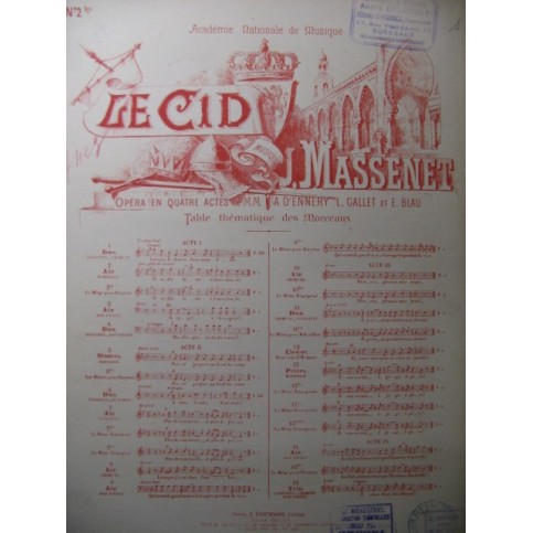 MASSENET Jules Le Cid No 2 Air de Rodrigue Chant Piano 1886