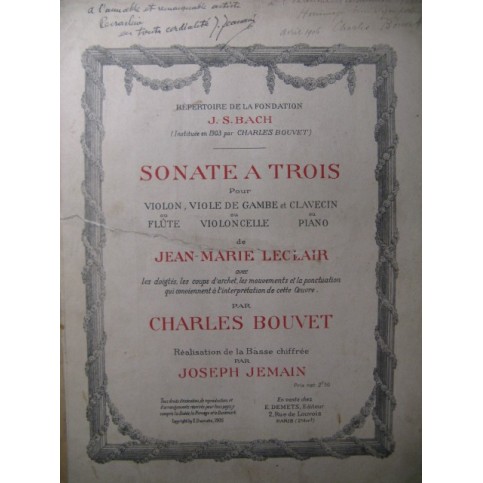 LECLAIR Jean-Marie Sonate à trois Dédicace Flûte Violoncelle Piano 1905