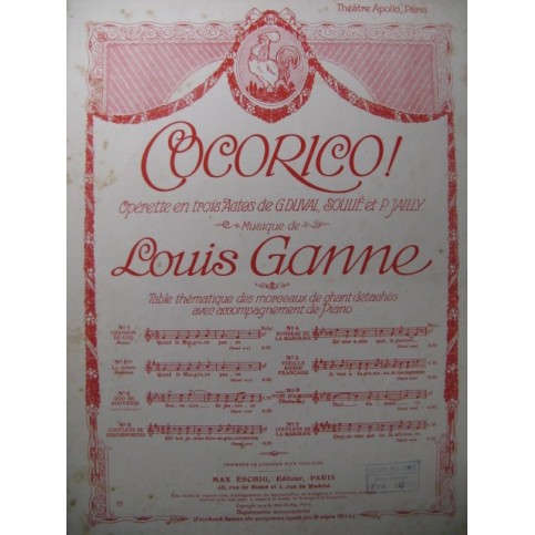 GANNE Louis Cocorico No 6 Chant Piano 1914