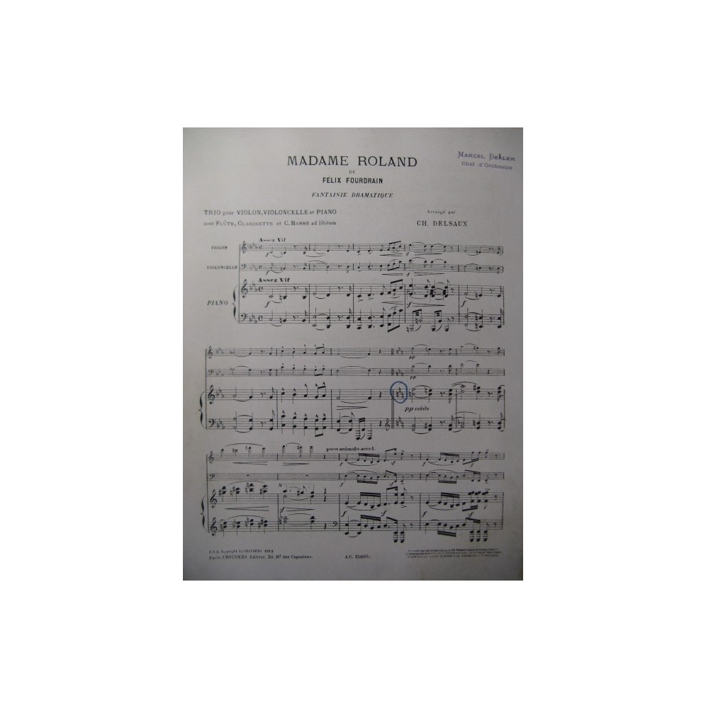 FOURDRAIN Félix Madame Roland Piano Violon Violoncelle Flute 1913