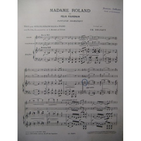 FOURDRAIN Félix Madame Roland Piano Violon Violoncelle Flute 1913