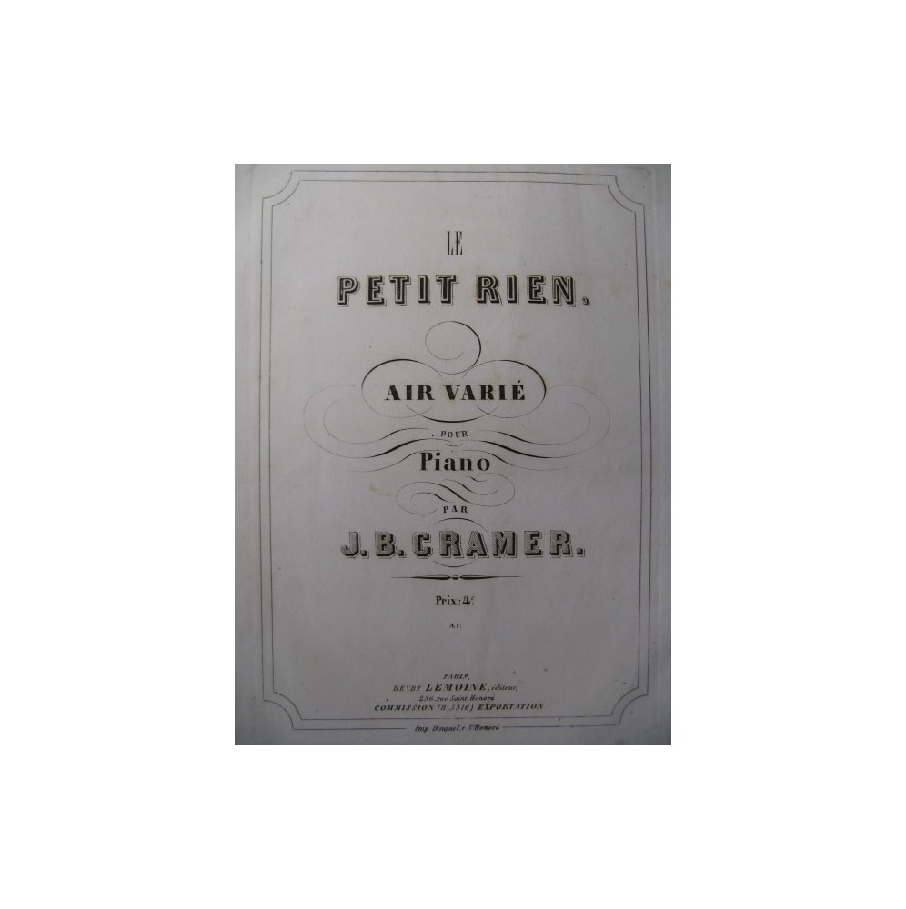 CRAMER J. B. Le Petit Rien Piano 1859