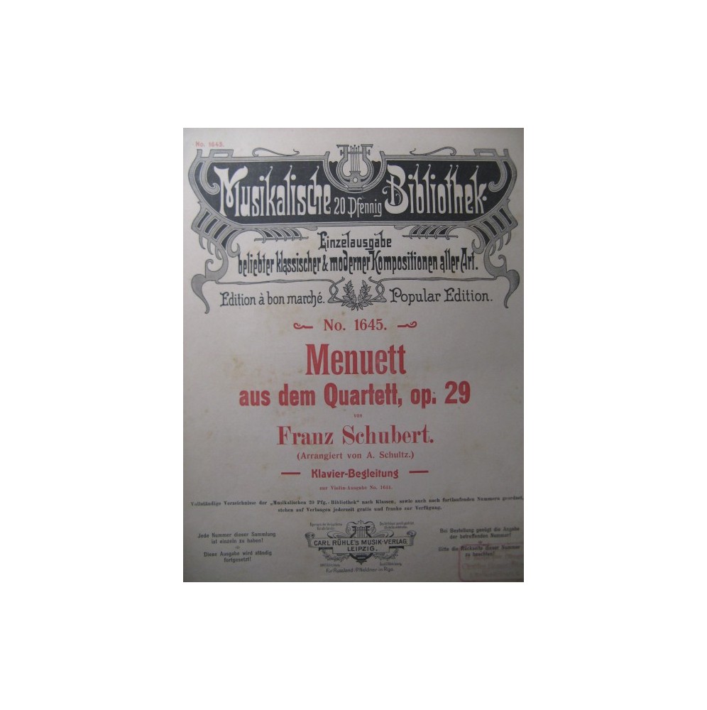 SCHUBERT Franz Quatuor op 29 Menuet Violon Piano