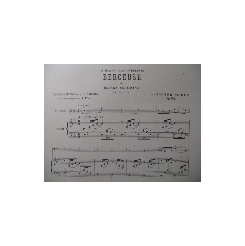 SCHUMANN Robert Berceuse Violon Piano 1926