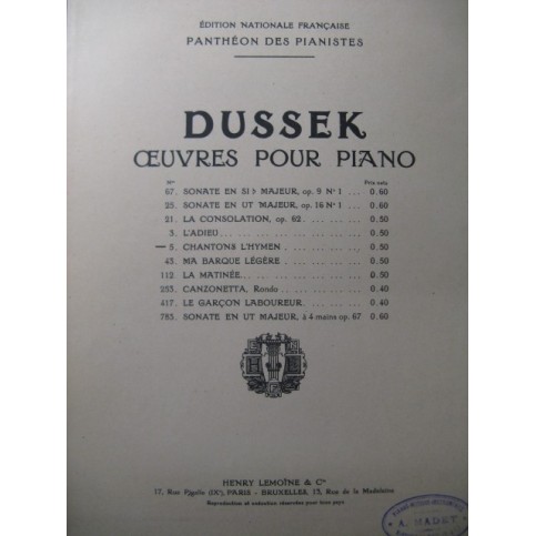 DUSSEK J. L. Chantons L'Hymen Piano