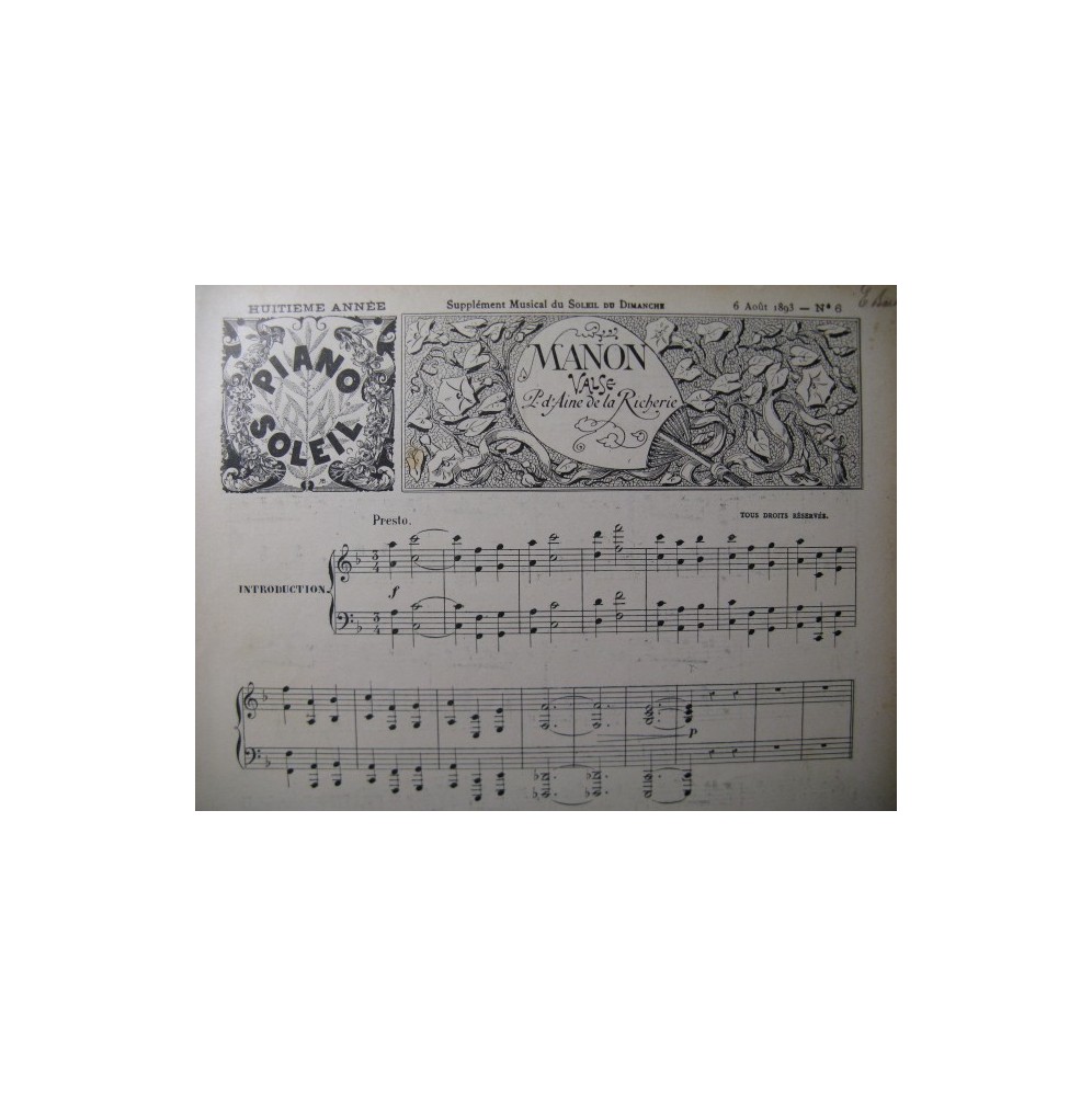 D'AINE DE LA RICHERIE R. Manon Piano 1893